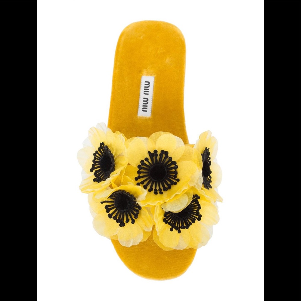 Miu Miu Sandals Velvet Slide Flowers Flats Yellow